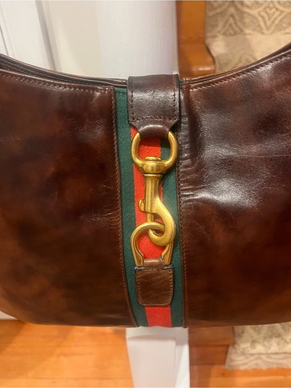 Riviera Dark Brown Leather Hobo with Red and Green Stripe & Gold Accent